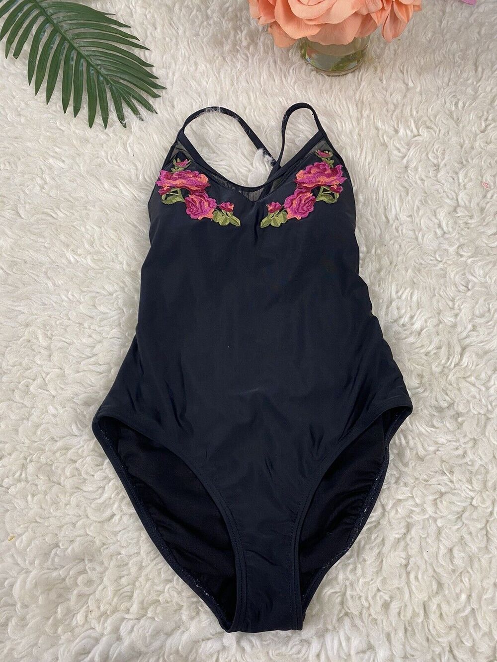 Xhilaration Womens Black Floral Embroidered V-neck Swimsuit Size XS Strappy Back